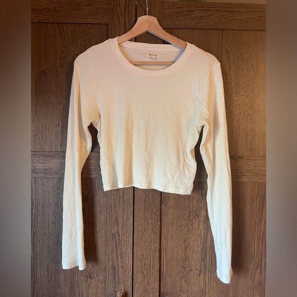 Madewell Fine Ribbed Supercrop Crewneck Long-Sleeve Tee in Antique Cream - L - Picture 4 of 4